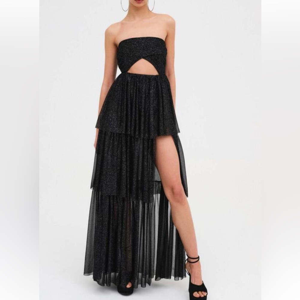 😍NWT For Love & Lemons Black Maxi ruffle strapless gown dress 😍❤️‍🔥New Years Eve